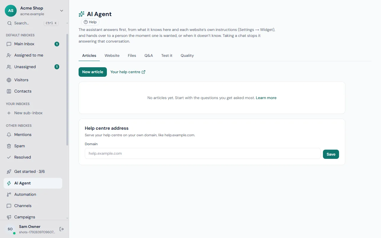 The AI Agent screen in Frosvo where articles, website pages and files are added