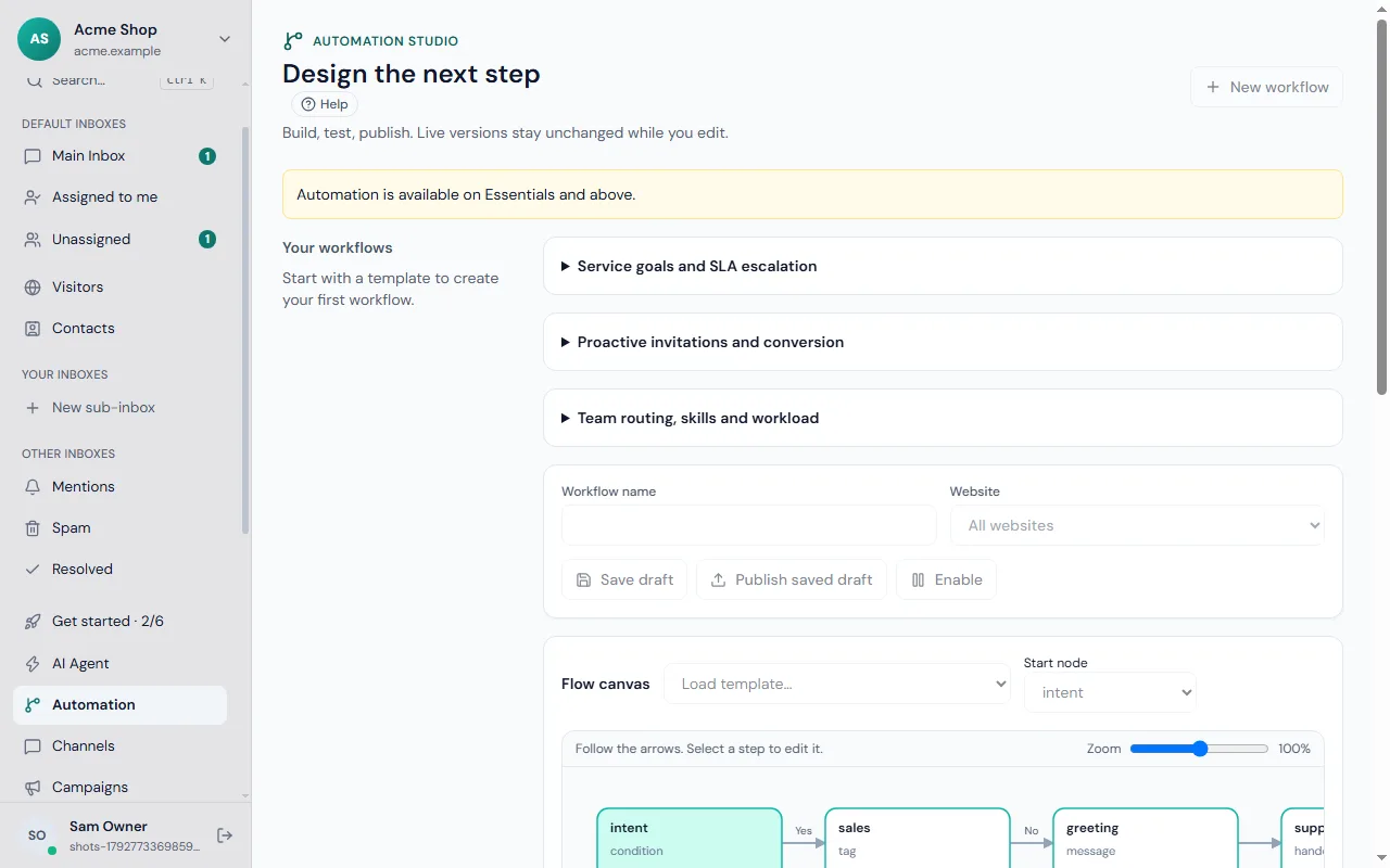 The Automation screen with workflows, routing, triggers and response-time targets