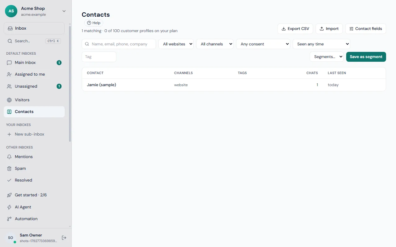 The Contacts screen in Frosvo with filters and a list of people