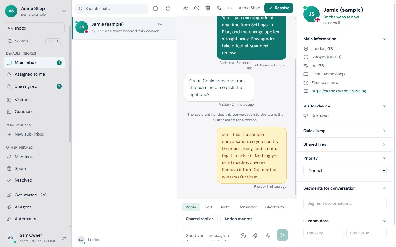 The Frosvo shared inbox with the conversation list, the messages and the visitor's details