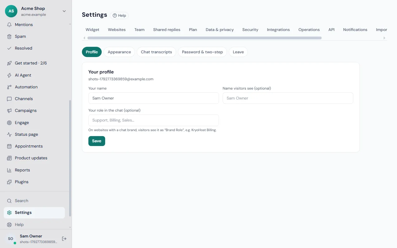 The Settings screen with its tabs across the top