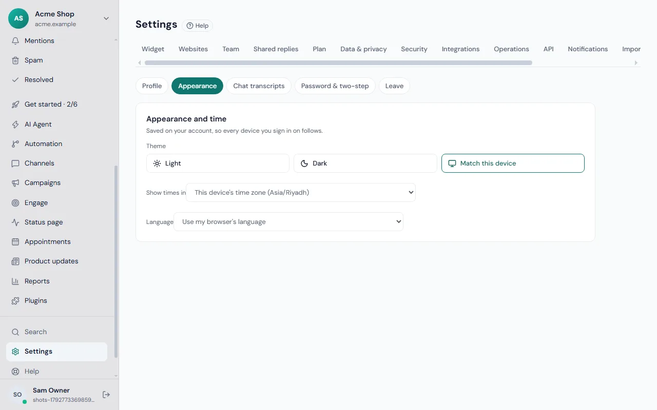 Settings, Account, Appearance and time: theme, time zone and language