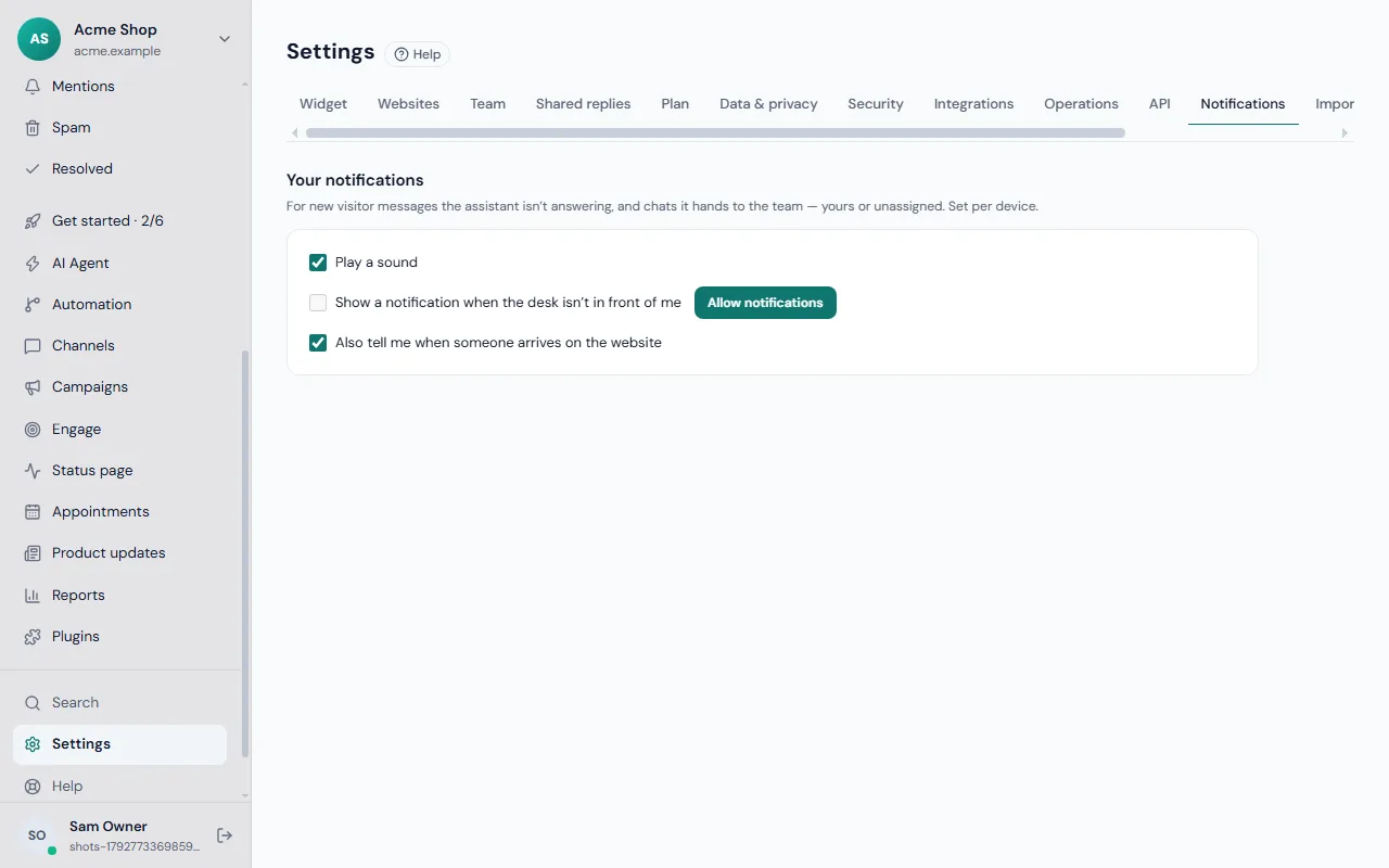 Settings, Notifications: sound, desktop notifications and new visitor alerts