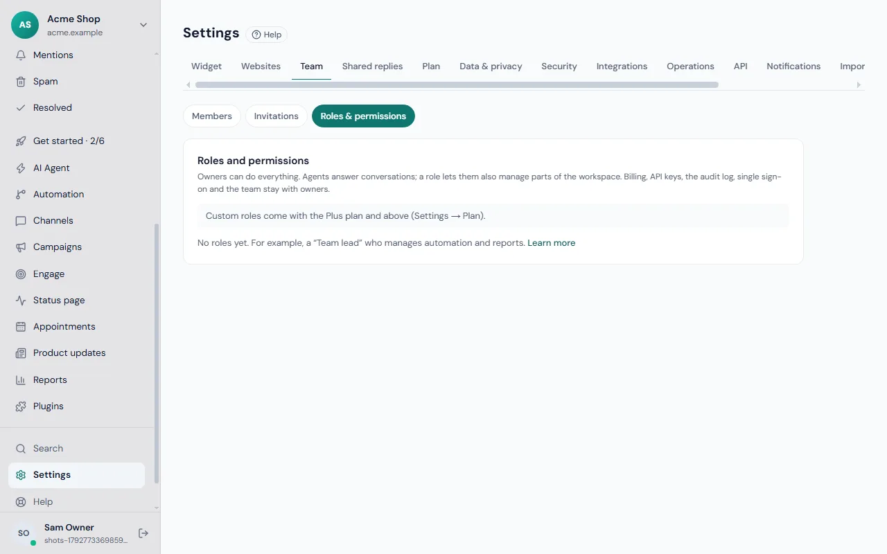 Settings, Team, Roles and permissions, with the New role button