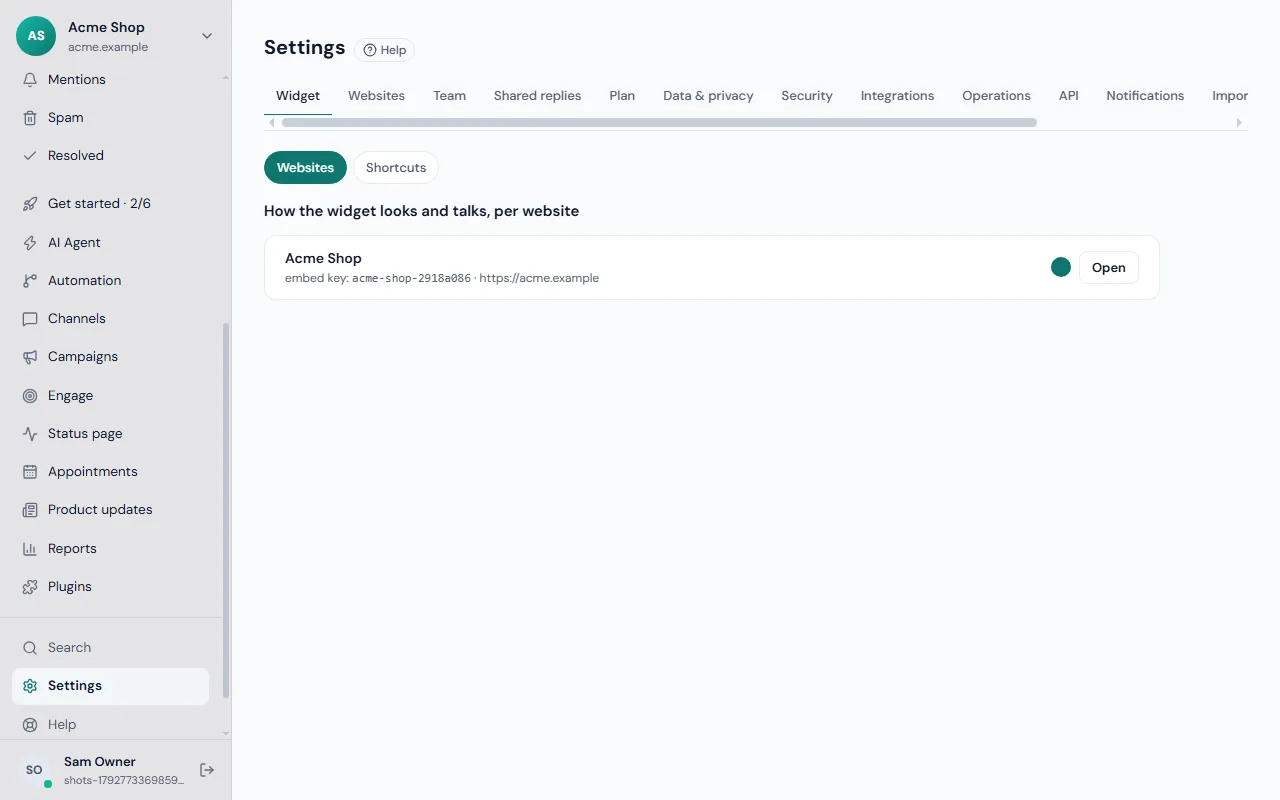 The Frosvo settings screen where each website's chat widget is opened and customised