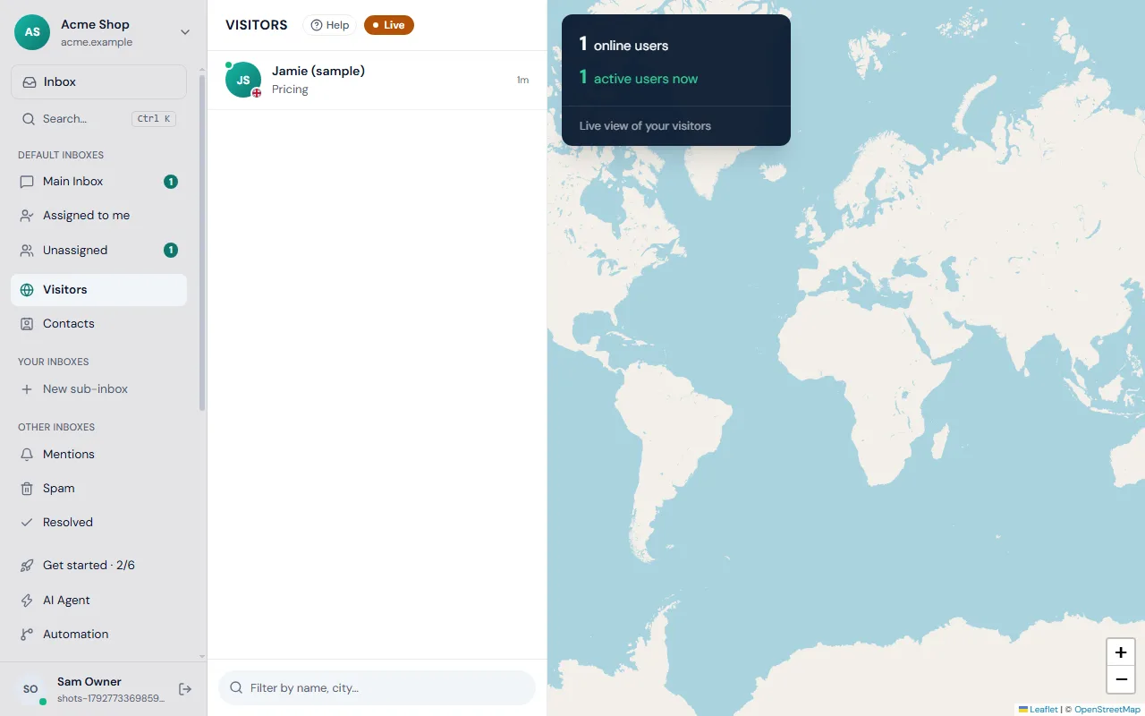 The Visitors screen: the list of people on the website now, and a world map with online and active user counts
